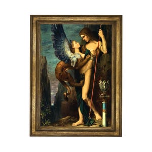 Peut inclure: Une peinture représentant une figure ailée avec un corps de lion embrassant un homme nu. La figure ailée a des ailes bleues et une couronne dorée. L'homme tient une lance dans sa main droite. La peinture est sur un fond sombre avec une falaise rocheuse.