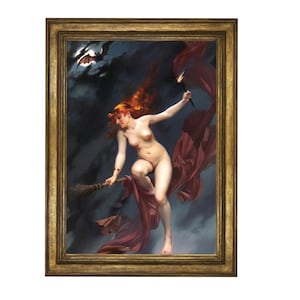 Witches&#39; Sabbath, flying witch on broom. Painting reprint. Walpurgis Night, witches&#39; dance - 19240