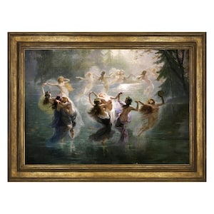 May include: A painting depicting a group of women dancing in a forest clearing. The women are wearing flowing white dresses and are surrounded by lush greenery. The painting is done in a romantic style and evokes a sense of joy and celebration.