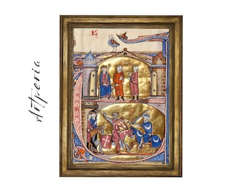 May include: An illuminated manuscript page from the medieval period, showing a scene with several figures. The figures are wearing colourful robes and armour, and are involved in a conversation and a battle. The page is framed in a gold frame.