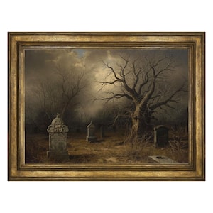 Pode incluir: Pintura emoldurada que retrata uma cena sombria de cemitério. A obra apresenta lápides desgastadas, árvores nuas e um céu dramático e nublado. A pintura está emoldurada em uma moldura dourada ornamentada, realçando a estética vintage.