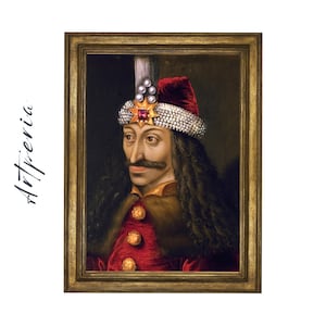 Może przedstawiać: Obraz mężczyzny o ciemnych włosach i czerwono-złotym kapeluszu. Jest ubrany w czerwoną i złotą szatę i ma poważny wyraz twarzy.