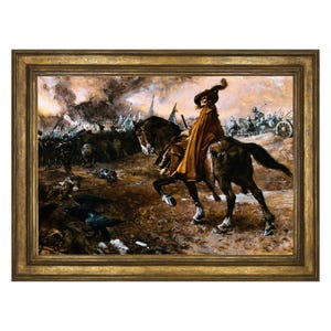 May include: A framed painting depicting a historical battle scene. A figure on horseback, wearing a brown cloak and hat, is the focal point. The background shows a chaotic battlefield with soldiers, cannons, and a stormy sky. The frame is gold.