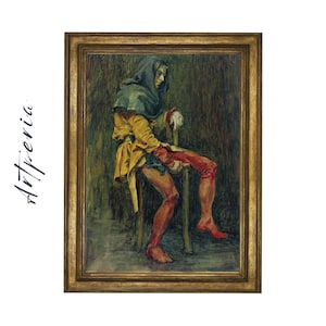 May include: A framed oil painting depicting a man in a hooded cloak and red trousers seated on a chair. He is holding a staff and looking downwards.