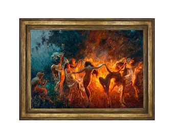 Op de afbeelding: Een olieverfschilderij in een goudkleurige lijst met een groep figuren die in een cirkel rond een fel oranje kampvuur dansen. De scène toont donkerblauwe en groene schaduwen aan de linkerkant, in contrast met het warme licht van het vuur.