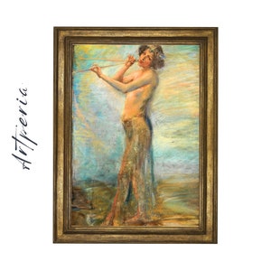 May include: A painting of a woman in a flowing gown, standing in a field of light. The woman is holding a long, thin object in her hand, possibly a flute or a wand. The painting is done in a style reminiscent of the Impressionist movement, with soft brushstrokes and a focus on light and color.