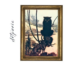 May include: Framed art print featuring a black cat perched on a tree branch. The artwork has a vintage aesthetic with a gold-colored frame. The print includes the text "Artperia" in a script font.