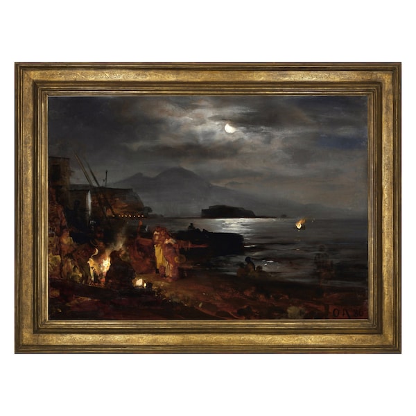 Mondschein - Fine Art Druck. Klassische Kunst Italien Küste Schiffe Wanddekor Oswald Achenbach 19 Jahrhundert Malerei | 300905