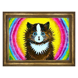 Cat rainbow print, vintage. Louis Wain, moody cat print, schizophrenic cat, psychedelic, pets, cat |600337