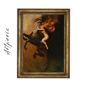 May include: A framed oil painting depicting a woman with flowing red hair riding a rearing black horse. The woman is nude and her arms are wrapped around the horse's neck. The background is a dark brown and the painting is set in a gold frame.