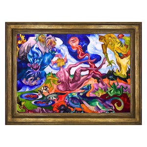 May include: A colorful abstract painting featuring a variety of fantastical creatures and figures. The painting is dominated by vibrant blues, greens, reds, and yellows, and depicts a scene of chaos and movement. The figures are stylized and elongated, with exaggerated features and limbs. The painting is framed in a gold-colored frame.