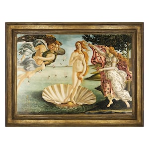 Può includere: Una riproduzione incorniciata de La nascita di Venere di Sandro Botticelli, un famoso dipinto rinascimentale che raffigura la dea Venere che emerge da una conchiglia di capesante gigante.