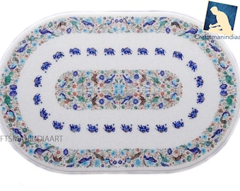 White Marble Oval Luxury Dining & Coffee Table Top Center Table Top Home, Office Furniture With Semi Stone Inlay Work Handmade Art Decor Ets