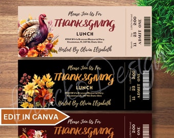 May include: Three Thanksgiving lunch ticket invitations with a fall theme. The tickets are brown, black, and burgundy with gold text. The tickets have a fall-themed design with a turkey, apples, and fall leaves. The text on the tickets reads "Please Join Us For Thanksgiving Lunch" and includes the address and host name.