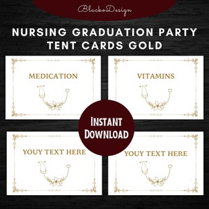 Nursing Graduation Party Tent Cards Gold, Nurse Party Place Cards, Nurse Retirement Food Tent Cards, Medical Party Place Food Cards