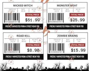 May include: Four Halloween-themed food labels with black and white barcode designs. Each label features a different food name, such as "Nosy Neighbor", "Ex Husband", "Wicked Witch", and "Monster Meat". The labels also include the text "Freeze By Oct. 31", "$/LP. $10.99", "Net Wt. 1.05", and "Total Price".