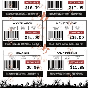 May include: Four Halloween-themed food labels with black and white barcode designs. Each label features a different food name, such as "Nosy Neighbor", "Ex Husband", "Wicked Witch", and "Monster Meat". The labels also include the text "Freeze By Oct. 31", "$/LP. $10.99", "Net Wt. 1.05", and "Total Price".