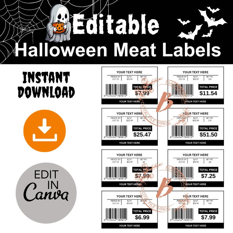 Fake Meat Label Halloween Editable Road Kill Butcher Labels Funny ...