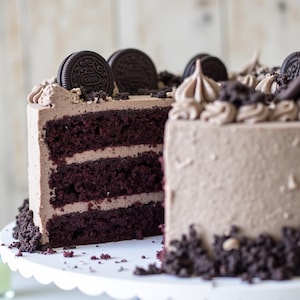 May include: A three-layer chocolate cake with chocolate frosting and Oreo cookie crumbs. The cake is decorated with Oreo cookies and has a slice cut out.