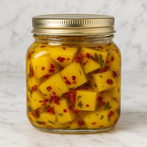 May include: A clear glass jar with a gold lid filled with yellow cubed food, red specks, and green herbs. The jar is sitting on a white marble surface. The food appears to be preserved in a yellow liquid.