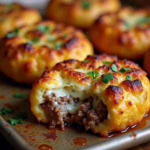 May include: Close-up of a golden brown, cheesy, and meat-filled pastry. The pastry is cut open, revealing a creamy cheese filling and a savory meat mixture. The pastry is on a baking sheet with a few sprigs of parsley.