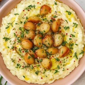 May include: A close-up shot of mashed potatoes in a pink bowl, topped with roasted garlic cloves, fresh herbs, and a drizzle of olive oil. The dish is garnished with red pepper flakes, creating a visually appealing and appetizing meal.