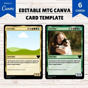 以下が含まれることがあります： カスタマイズ可能なマジック：ザ・ギャザリングカードテンプレート2つ。最初のカードは、白い雲と緑の風景が描かれた緑と黄色の背景。2番目のカードは、犬を抱いた人の写真が描かれた緑の背景。両方のカードは黒い枠線があり、カードタイトル、カードタイプ、カード番号のテキストが含まれています。