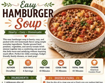 Easy Hamburger Soup Recipe Card Printable PDF, Cozy Ground Beef Soup Digital Download