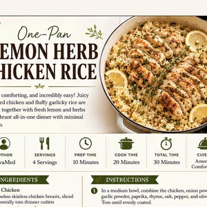 Könnte beinhalten: Draufsicht auf eine Pfanne mit One-Pan-Zitronen-Kräuter-Hühnchen-Reis. Das Gericht zeigt geschnittene Hähnchenbrust auf einem Reisbett, garniert mit Zitronenscheiben und Kräutern. Das Bild enthält Text mit den Rezeptdetails.