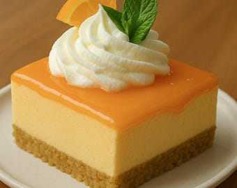 May include: A square slice of orange cheesecake on a white plate. The dessert features a graham cracker crust, a creamy yellow filling, and a glossy orange glaze. It is topped with whipped cream, a mint leaf, and an orange slice.