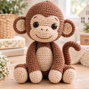 May include: A crocheted monkey toy featuring a dark brown body with light beige accents on the face, ears, belly, hands, and feet. The monkey has large black plastic eyes, a stitched smile, and a long curled tail, crafted with yarn.
