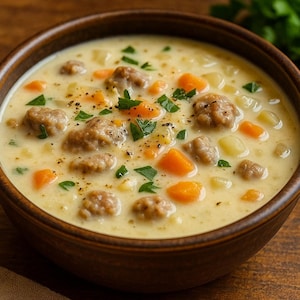 May include: A close-up shot of a creamy soup in a brown bowl. The soup contains meatballs, diced carrots, potatoes, and fresh parsley. Black pepper is sprinkled on top. The soup is a light yellow color.
