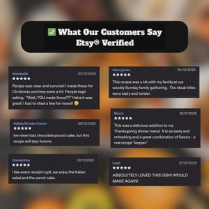 May include: A graphic showcasing customer reviews, Etsy verified, with star ratings and dates. Reviews mention recipes, including steak bites, chocolate pound cake, Italian salad, and carrot cake. Positive feedback is highlighted.