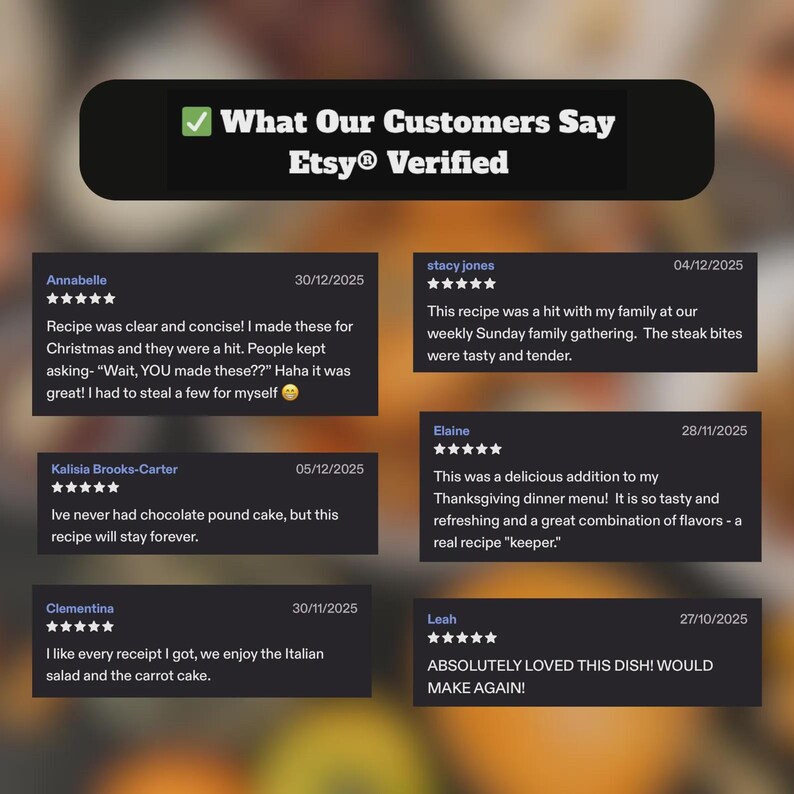 May include: A graphic showcasing customer reviews, Etsy verified, with star ratings and dates. Reviews mention recipes, including steak bites, chocolate pound cake, Italian salad, and carrot cake. Positive feedback is highlighted.