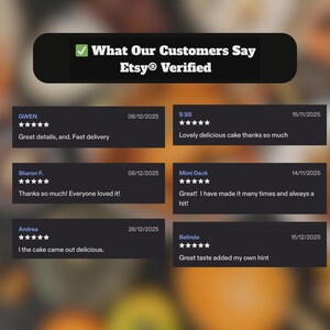 May include: Image showcasing customer reviews with a black banner at the top that reads "What Our Customers Say Etsy Verified". The reviews are in black boxes with customer names, dates, and star ratings. The reviews mention details, fast delivery, and delicious cake.