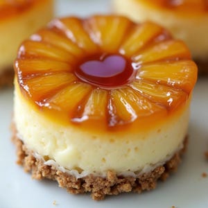 Op de afbeelding: Een kleine, individuele ananas-omgekeerde cake met een goudbruine gekarameliseerde ananas topping en een hartvormig midden.