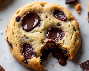 May include: A close-up of a chocolate chip cookie with a bite taken out. The cookie is topped with melted chocolate and has a light brown color.