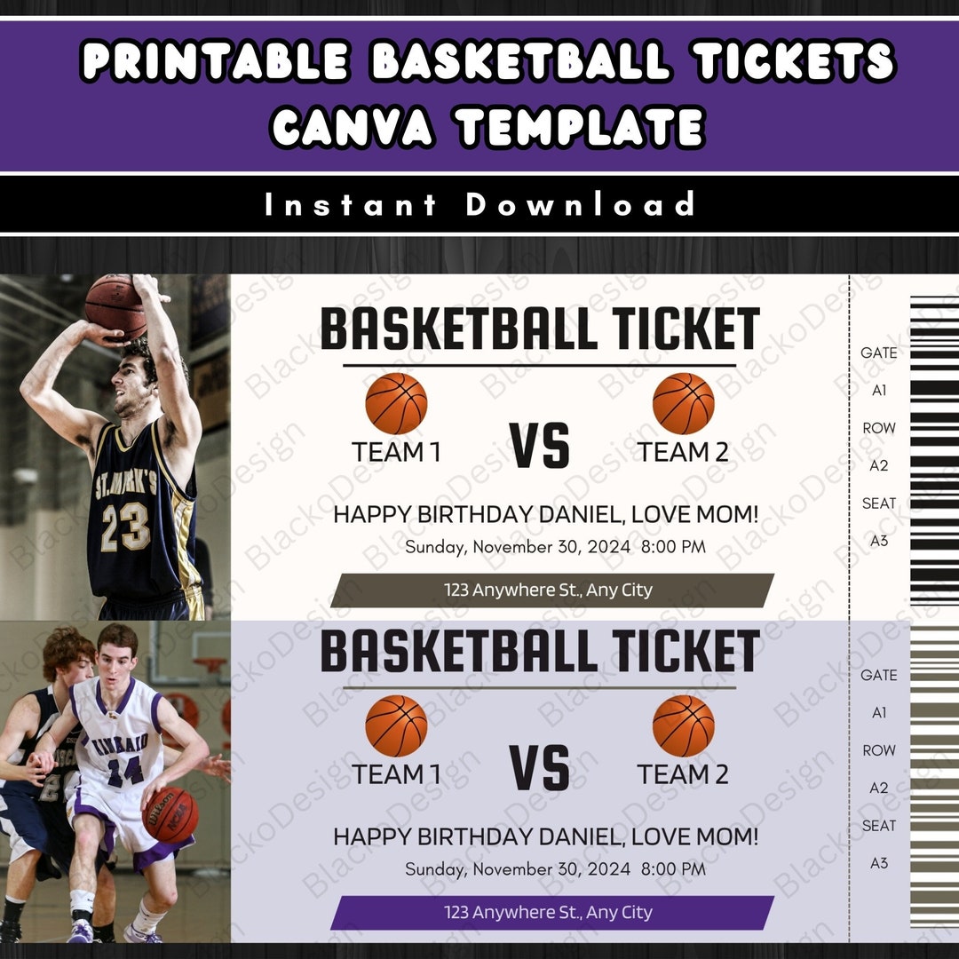 Printable Basketball Tickets Canva Template Editable NBA Basketball