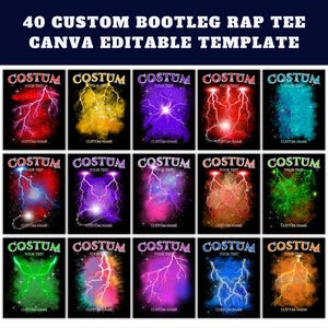 Pode incluir: Um conjunto de 20 designs de camisetas personalizáveis com um gráfico de raio com um fundo de galáxia colorido. O texto "COSTUM" está na parte superior de cada design, com espaço para "YOUR TEXT" e "CUSTOM NAME" abaixo.