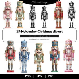 May include: A collection of 10 watercolor nutcracker clip art illustrations in various colors, including pink, green, red, blue, and black. The text "24 Nutcracker Christmas clip art" is displayed. The image also includes the text "INSTANT DOWNLOAD" and "COMMERCIAL USE CLIPART".