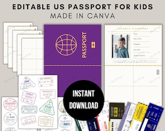 Editable US Passport for Kids | Printable Passport Craft | Instant Download with 7 Boarding Pass, Stamps, and 20 Visas