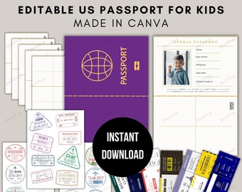 Editable US Passport for Kids | Printable Passport Craft | Instant Download with 7 Boarding Pass, Stamps, and 20 Visas