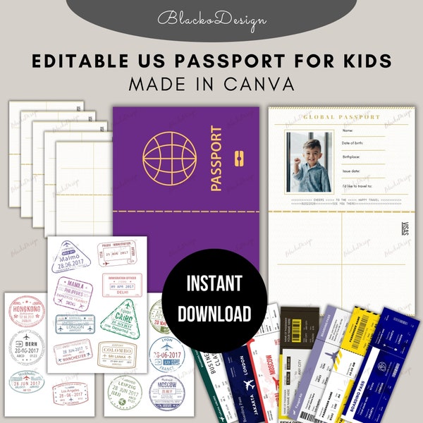 Editable US Passport for Kids | Printable Passport Craft | Instant Download with 7 Boarding Pass, Stamps, and 20 Visas