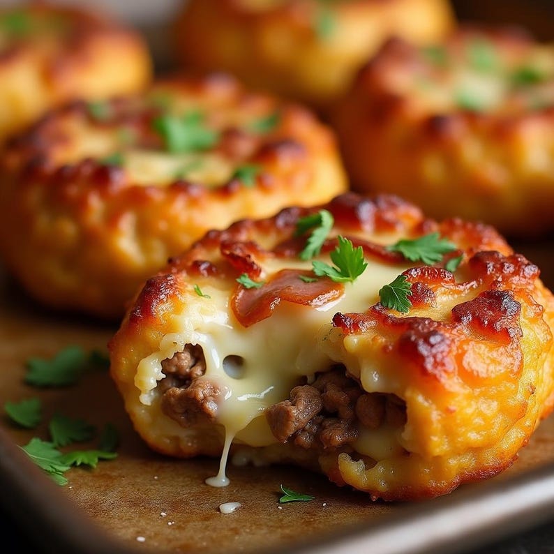 May include: Close-up of a cheesy, golden brown, savory pastry filled with ground meat and topped with fresh parsley. The pastry is partially cut open, revealing a gooey cheese filling.