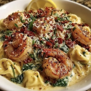May include: A bowl of creamy pasta with shrimp, spinach, and parmesan cheese. The shrimp are seasoned and cooked to a golden brown. Garnished with chopped tomatoes, herbs, and a lemon wedge. A delicious and appetizing meal.