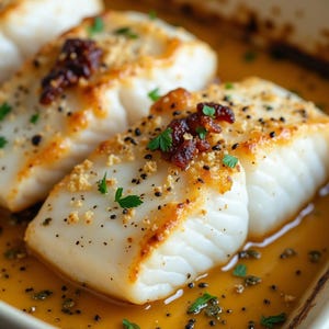 May include: Close-up of three pieces of baked fish topped with a browned, crispy topping of breadcrumbs, herbs, and spices. The fish is in a baking dish with a golden brown sauce.