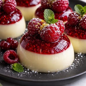 May include: Close-up of several individual desserts on a black plate. Each dessert features a creamy white base topped with a vibrant red raspberry jelly and fresh raspberries. Garnished with mint leaves and powdered sugar.