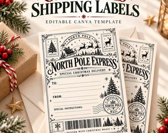 Vintage North Pole Express Christmas Shipping Labels, Editable Canva Templates (4x6)