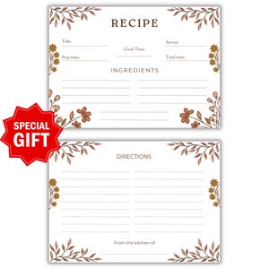May include: Printable recipe card template with a floral design. The card has sections for title, cook time, prep time, total time, ingredients, and directions. It also includes the text "From the kitchen of".