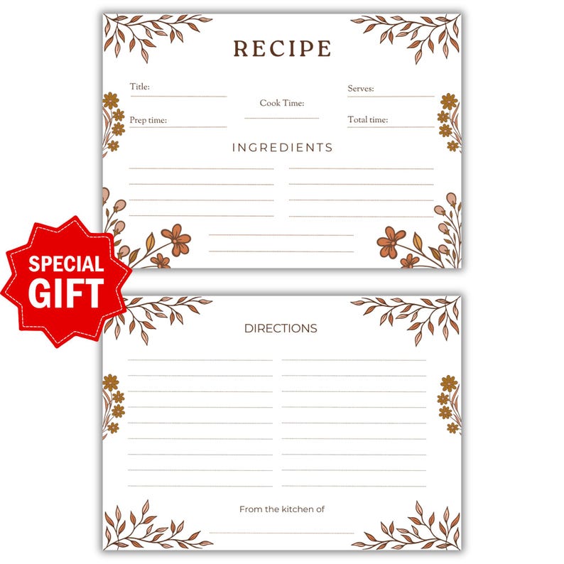 May include: Printable recipe card template with a floral design. The card has sections for title, cook time, prep time, total time, ingredients, and directions. It also includes the text "From the kitchen of".